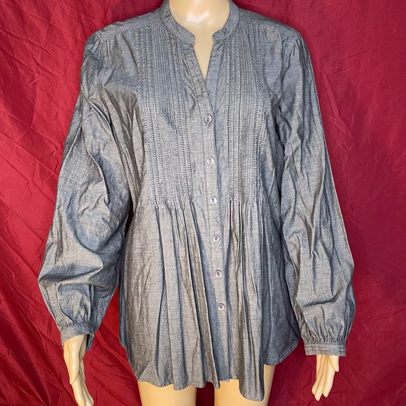 Spense Pintuck Mandarin Collar Charcoal Button Front Tunic Blouse Large - Picture 1 of 8